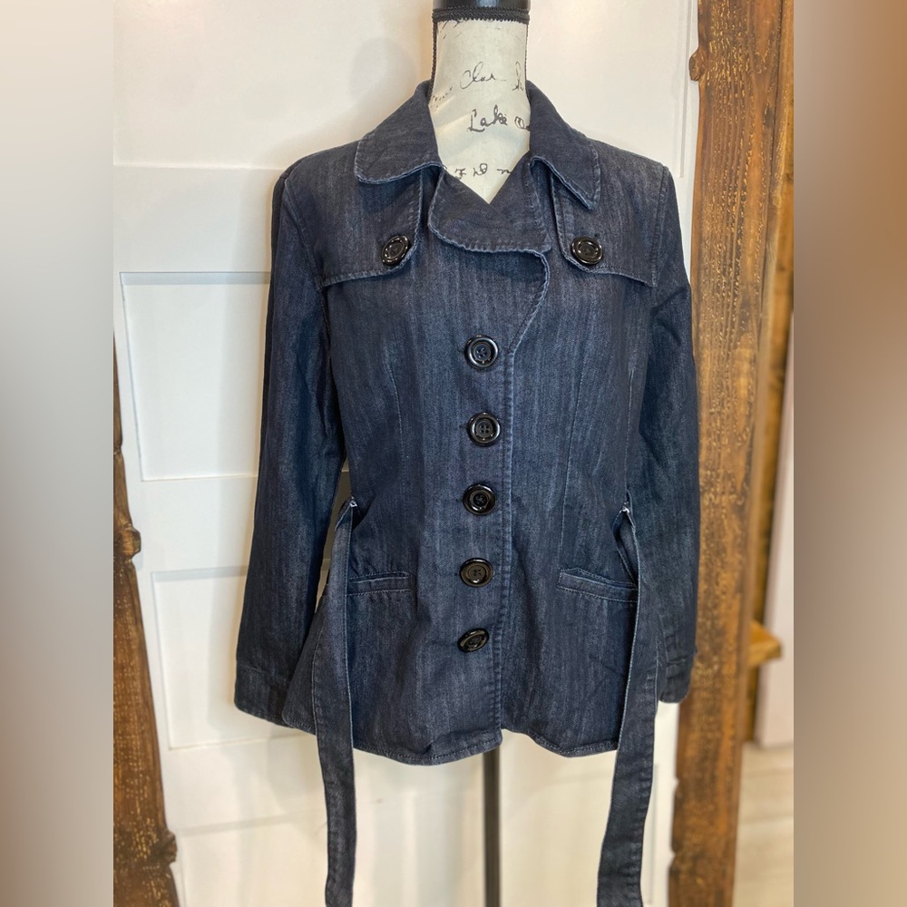 Baccini Blue Jean Jacket with Structured Fit and Waist Sash - Picture 3 of 7